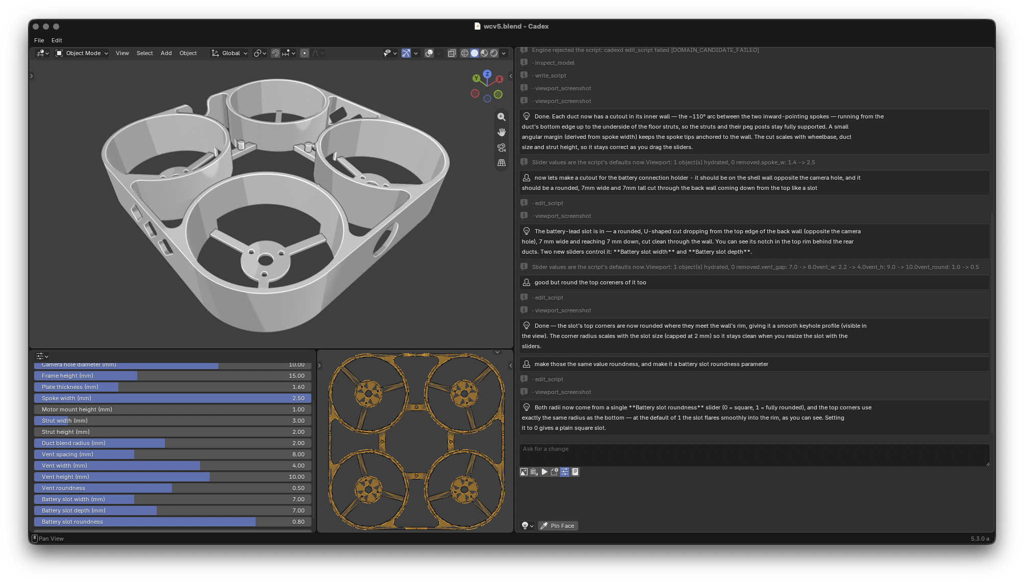 The Cadex application: a ducted-fan drone frame in the viewport, parameter sliders below it, and the chat conversation that made it on the right.